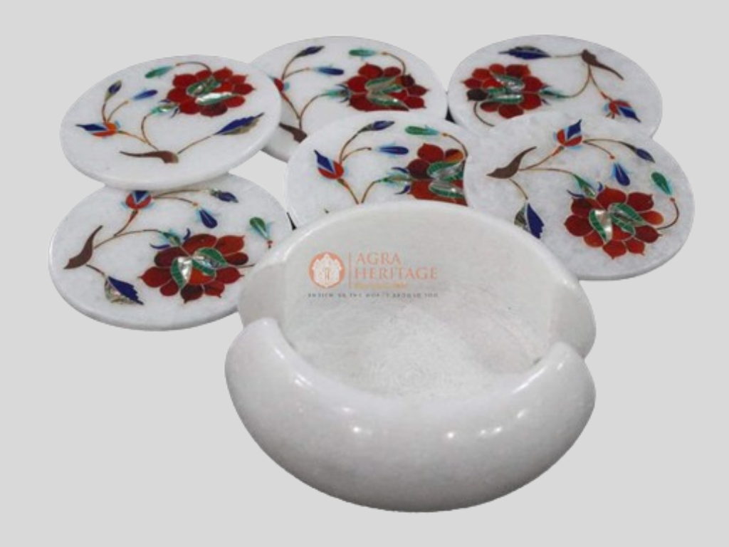 White Marble Coaster Set Carnelian Floral Inlay Home Decor Art